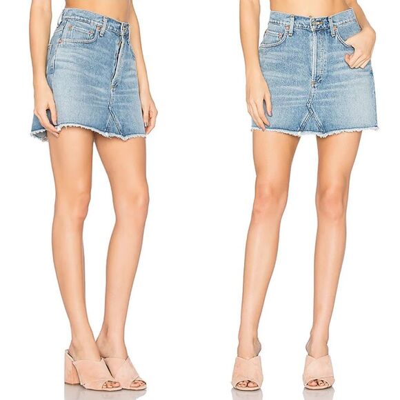 AGOLDE Quinn High-Rise Denim Mini Skirt in Devotee Button Fly Distressed Hem 29 - Picture 1 of 9